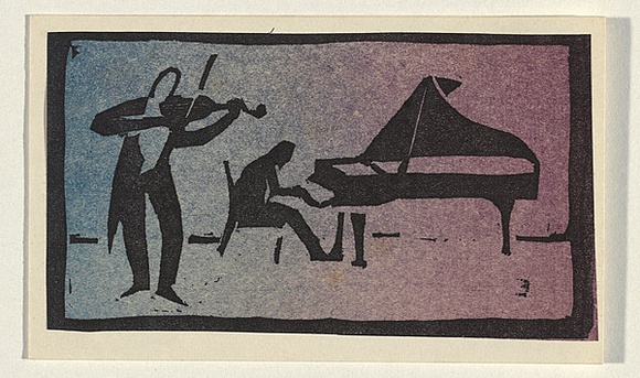 Title: b'Card: [Piano player]' | Date: c.1966 | Technique: b'linocut, printed in colour, from two blocks'
