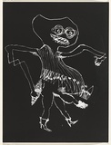 Title: not titled [long-limbed monster wearing high heels] | Date: c.1993 | Technique: cliché-verre, printed in black, from hand-drawn negative