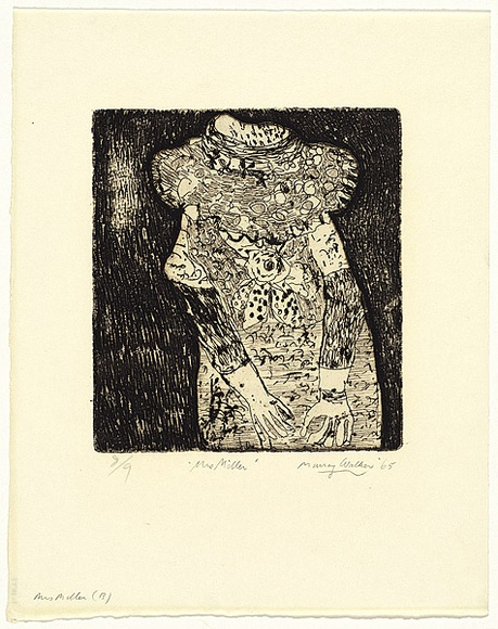 Artist: b'WALKER, Murray' | Title: b'Mrs Miller (b)' | Date: 1965 | Technique: b'etching, printed in black ink, from one plate'