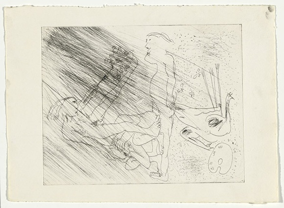 Artist: b'BOYD, Arthur' | Title: b'(Three figures with beast and palette).' | Date: c.1969 | Technique: b'etching, printed in black ink, from one plate' | Copyright: b'Reproduced with permission of Bundanon Trust'