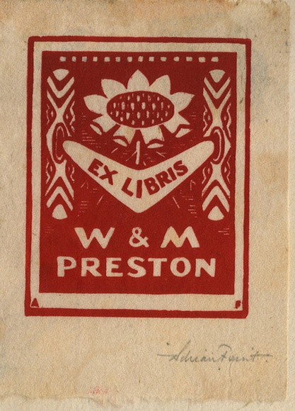 Artist: b'FEINT, Adrian' | Title: b'Ex libris W & M Preston' | Date: (1927) | Technique: b'wood-engraving, printed in red ink, from one block' | Copyright: b'Courtesy the Estate of Adrian Feint'