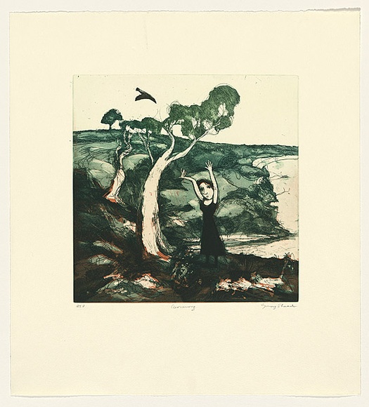 Artist: b'Shead, Garry.' | Title: b'Currawong' | Date: 1991-94 | Technique: b'etching and aquatint, printed in green and brown inks, from two plates' | Copyright: b'\xc2\xa9 Garry Shead'