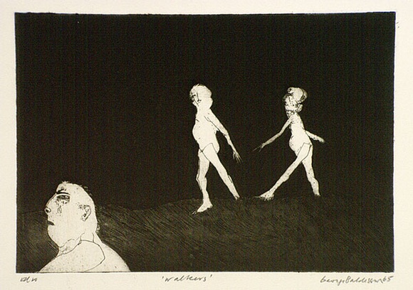 Artist: b'BALDESSIN, George' | Title: b'Walkers.' | Date: 1965 | Technique: b'etching and aquatint, printed in black ink, from one plate'