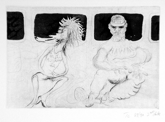 Artist: b'COLEING, Tony' | Title: b'La de fucking da.' | Date: 1989-90 | Technique: b'etching and aquatint, printed in black ink, from one plate'