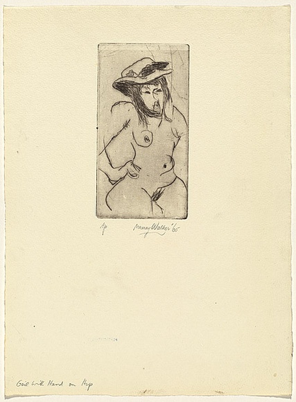 Artist: b'WALKER, Murray' | Title: b'Girl with hand on hip' | Date: 1965 | Technique: b'drypoint, printed in black ink, from one plate'