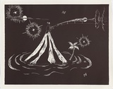 Artist: b'COLEING, Tony' | Title: b'Battlefield (volcano with palm tree).' | Date: 1986 | Technique: b'linocut, printed in black ink, from one block'