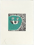 Artist: Warren, Guy. | Title: not titled [two figures in boat] | Date: 22 April 1996 | Technique: linocut, printed in colour, from two blocks (black and blue)