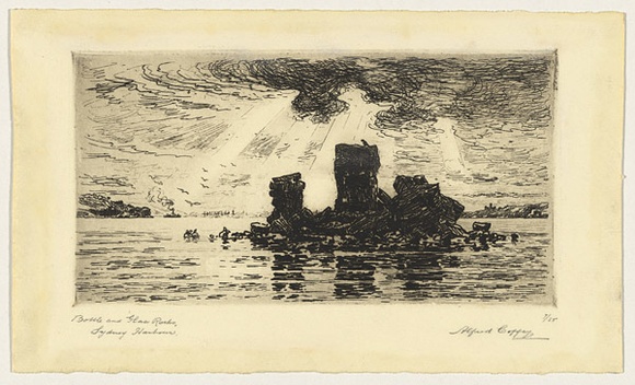 Artist: b'Coffey, Alfred.' | Title: b'Bottle and Glass Rocks, Sydney Harbour.' | Date: 1908 | Technique: b'etching, printed in black ink, from one plate'