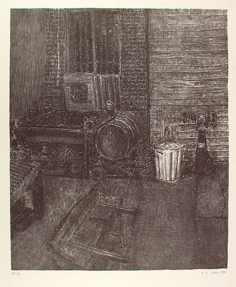 Artist: b'Harman, Julia.' | Title: b'not titled [workshop scene - marked 15-9]' | Date: 1990 | Technique: b'lithograph, printed in black ink, from one stone' | Copyright: b'\xc2\xa9 Julia Harman'