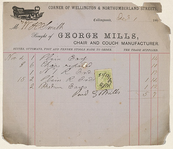 Title: b'Bill head for George Mills, chair and couch manufacturer' | Date: 1880s | Technique: b'wood-engraving, printed in black ink, from one block; letterpress'