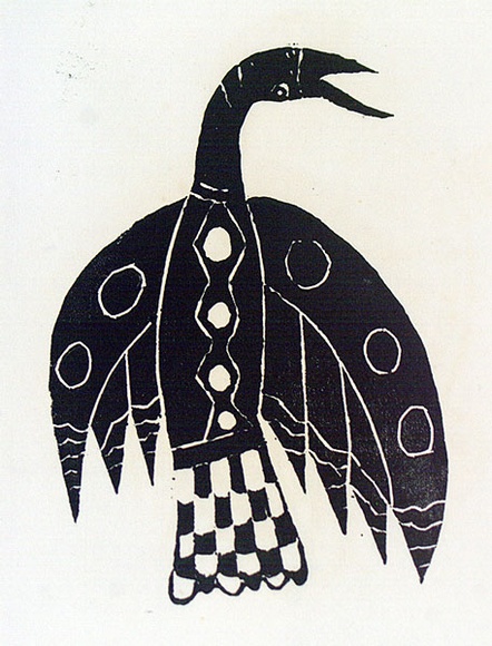 Artist: b'Artist unknown' | Title: b'Bird with checkerboard tail pattern' | Date: 1970s | Technique: b'woodcut, printed in black ink, from one block'