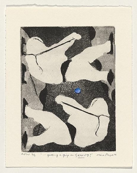 Artist: PLAYNE, Moira | Title: Getting a grip on gravity | Date: 1999, October | Technique: aquatint and open-bite, printed in black ink, from one plate; handcoloured with watercolour | Copyright: © Moira Playne, 1999