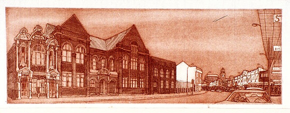 Artist: b'Rooney, Elizabeth.' | Title: b'(Hunter Street 1979)' | Date: (1979) | Technique: b'etching, aquatint, printed in sepia ink, from one  plate'