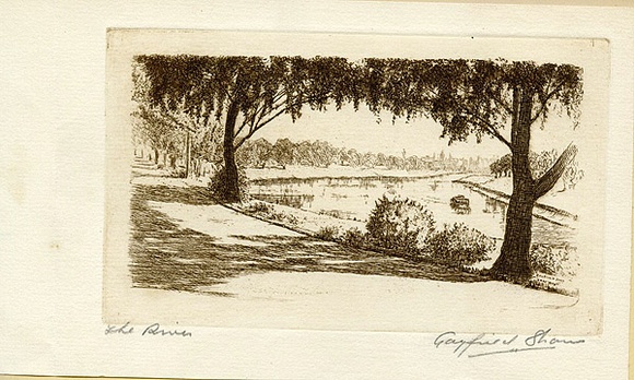 Artist: b'Shaw, Gayfield.' | Title: b'The River.' | Date: 1936 | Technique: b'etching, printed in brown ink , from one plate'