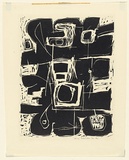 Artist: b'Salkauskas, Henry.' | Title: b'(Black on white abstract)' | Date: 1961 | Technique: b'linocut, printed in black ink, from one block' | Copyright: b'\xc2\xa9 Eva Kubbos'