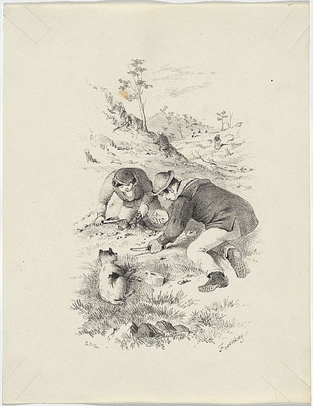 Artist: b'GILL, S.T.' | Title: b'Fossicking.' | Date: 1852 | Technique: b'lithograph, printed in black ink, from one stone'