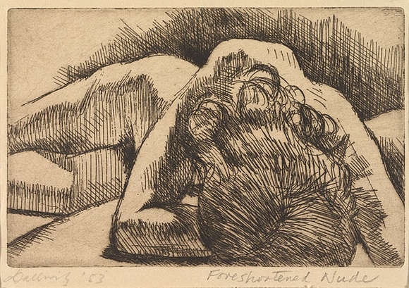 Artist: b'Dallwitz, David.' | Title: b'Foreshortened nude.' | Date: 1953 | Technique: b'etching, printed in brown ink'