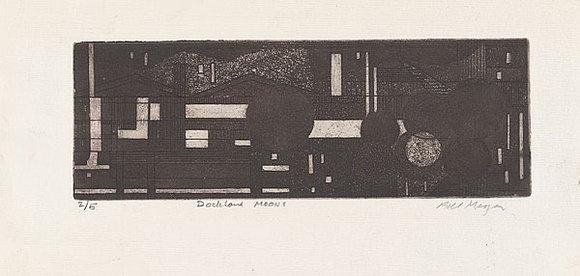 Artist: b'MEYER, Bill' | Title: b'Dockland moons' | Date: 1969 | Technique: b'etching and aquatint, printed in black ink, from one plate' | Copyright: b'\xc2\xa9 Bill Meyer'