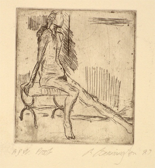 Artist: b'Birmingham, Richard.' | Title: b'not titled [seated figure]' | Date: 1987 | Technique: b'etching, printed in black ink, from one plate'