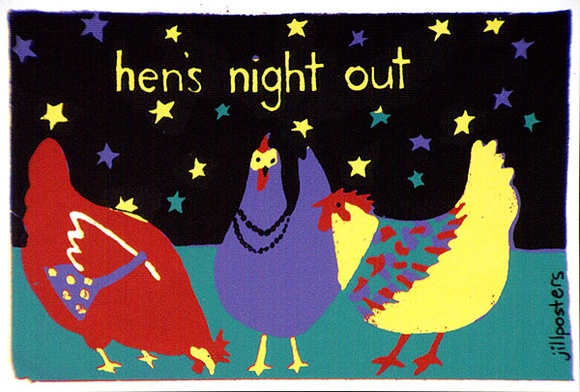 Artist: b'JILL POSTERS 1' | Title: bPostcard: Hen's night out | Date: 1983-87 | Technique: b'screenprint, printed in colour, from four stencils'