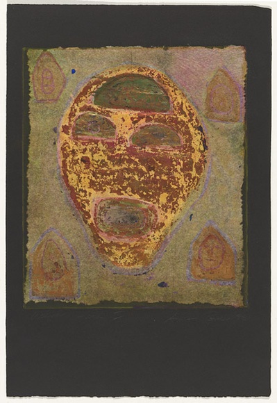 Artist: b'Powell, Andrew.' | Title: b'Mexican Head II' | Date: 1986 | Technique: b'etching, printed in yellow ink, from one plate; cine colle; metallic paint'