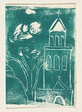 Title: b'Card: [church and tree]' | Technique: b'linocut, printed in green ink, from one block'