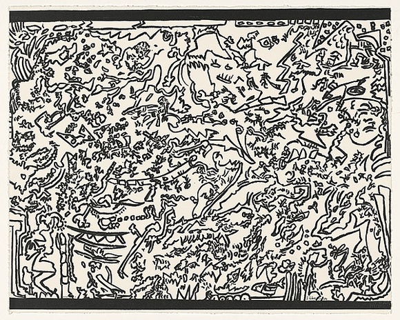 Artist: b'Paterson, Jim.' | Title: b'not titled [line drawing featuring animal figures, eyes, and claws with thick black lines across top and bottom]' | Date: 1984 | Technique: b'lithograph, printed in black ink, from one stone'