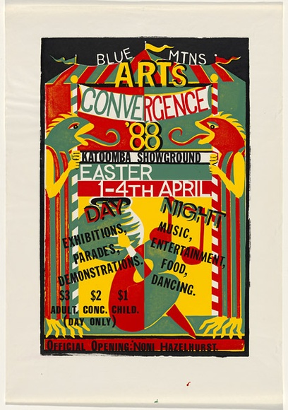 Artist: b'UNKNOWN' | Title: b'Blue Mountains arts convergence' | Date: 1988 | Technique: b'screenprint, printed in colour, from multiple stencils'