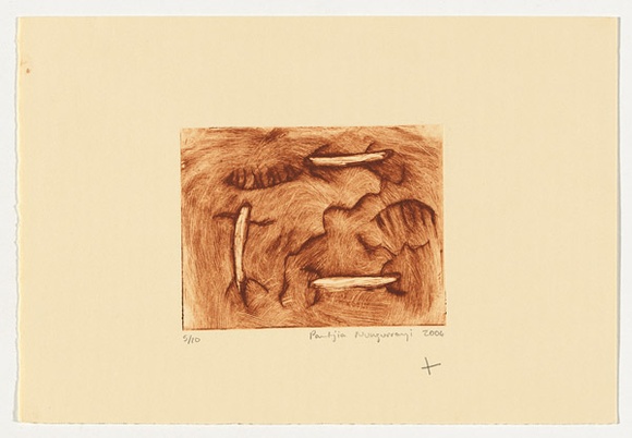 Artist: b'Nungurrayi, Pantjia.' | Title: b'not titled [three animals]' | Date: 2004 | Technique: b'drypoint etching, printed in brown ink, from one perspex plate'