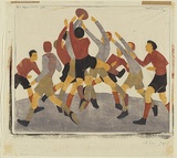 Artist: b'Spowers, Ethel.' | Title: b'Football.' | Date: 1936 | Technique: b'linocut, printed in colour, from four blocks (yellow ochre, reddish brown, grey, black)'