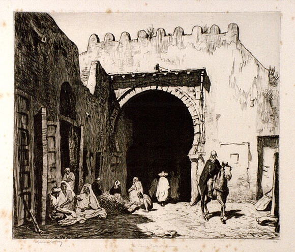 Artist: b'LINDSAY, Lionel' | Title: b'The Tunis Gate, Kairouan' | Date: 1929 | Technique: b'drypoint, printed in brown ink with plate-tone, from one plate' | Copyright: b'Courtesy of the National Library of Australia'