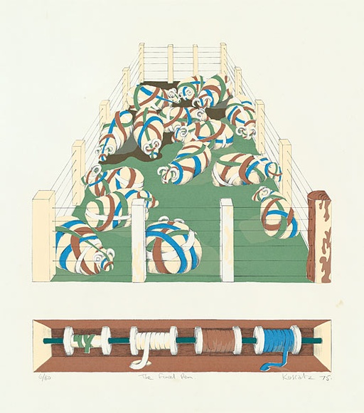 Artist: b'Kossatz, Les.' | Title: b'The final pen' | Date: 1975 | Technique: b'photo-lithograph, printed in colour, from multiple stones [or plates]' | Copyright: b'\xc2\xa9 Les Kossatz. Licensed by VISCOPY, Australia'
