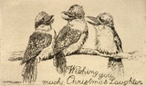 Artist: b'LINDSAY, Lionel' | Title: b'Greeting card: Wishing you much Christmas laughter' | Date: 1955 | Technique: b'etching, printed in warm black ink, from one plate' | Copyright: b'Courtesy of the National Library of Australia'