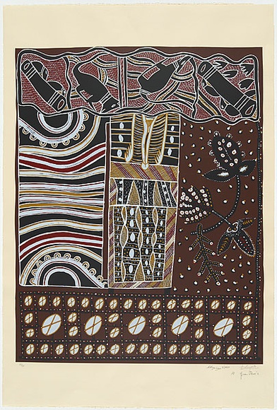 Artist: Yunupingu, Dhopiya. | Title: Gapu, Tubig, Air, Water. | Date: 1997 | Technique: screenprint, printed in colour, from multiple stencils