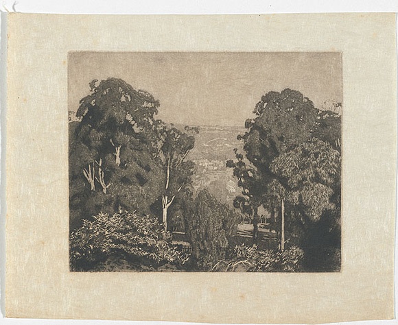 Artist: b'LINDSAY, Lionel' | Title: b'View from the balcony, Killara, looking west.' | Date: 1931 | Technique: b'aquatint and etching, printed in black ink with plate-tone, from one plate' | Copyright: b'Courtesy of the National Library of Australia'