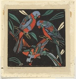 Artist: b'PRESTON, Margaret' | Title: b'Lorikeets' | Date: 1925 | Technique: b'woodcut, printed in black ink, from one block; hand-coloured' | Copyright: b'\xc2\xa9 Margaret Preston. Licensed by VISCOPY, Australia'