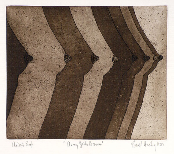 Artist: b'Hadley, Basil.' | Title: b'Army girls brown' | Date: 1982 | Technique: b'etching and aquatint, printed in brown ink, from one plate'