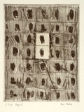 Artist: Partos, Paul. | Title: not titled [grid of mid-tone greys with dark ovals in centre and two light central squares] | Date: 1986, March - April | Technique: etching, burnished aquatint, roulette and drypoint, printed in black ink, from one plate