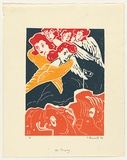 Title: b'not titled [red-head matches lady in sky with wings over birds]' | Date: 1984 | Technique: b'linocut, printed in colour, from four blocks'