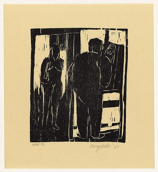 Artist: b'WALKER, Murray' | Title: b'not titled [two figures]' | Date: 2001, June | Technique: b'woodcut, printed in black ink, from one block' | Copyright: b'\xc2\xa9 Murray Walker'