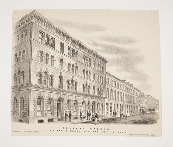 Title: b'The Exchange, Sydney. Bridge and Gresham Streets' | Date: c.1880s | Technique: b'lithograph, printed in black ink, from one stone [or plate]'