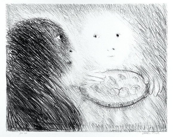 Artist: b'BOYD, Arthur' | Title: b'St Clare offering marzipan to St Francis.' | Date: (1965) | Technique: b'lithograph, printed in black ink, from one plate'