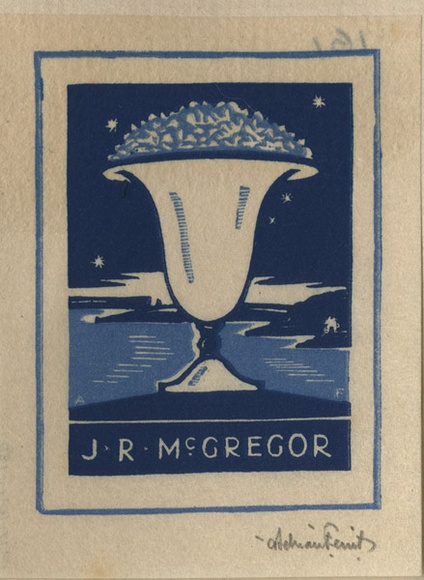 Artist: b'FEINT, Adrian' | Title: b'Bookplate: J.R. McGregor.' | Date: (1935) | Technique: b'wood-engraving, printed in colour, from two blocks in dark and light blue inks' | Copyright: b'Courtesy the Estate of Adrian Feint'