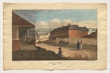 Title: View from the Sydney Hotel | Date: 1826 | Technique: lithograph, printed in black ink, from one stone; hand-coloured