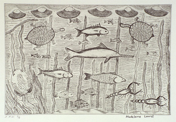 Artist: b'Laurel, Madeleine Yangkana.' | Title: b'Kuyi martuwarra-karraji' | Date: 2001, August - September | Technique: b'etching, printed in black ink, from one plate'