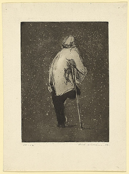 Artist: b'WILLIAMS, Fred' | Title: b'One legged man' | Date: 1954-55 | Technique: b'etching, deep etch, aquatint and engraving, printed in black ink, from one zinc plate' | Copyright: b'\xc2\xa9 Fred Williams Estate'