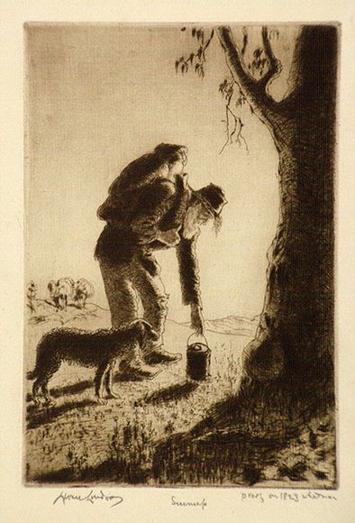 Artist: b'LINDSAY, Lionel' | Title: b'Sunup' | Date: 1935 | Technique: b'etching and drypoint, printed in brown ink with plate-tone, from one plate' | Copyright: b'Courtesy of the National Library of Australia'