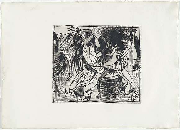 Artist: b'BOYD, Arthur' | Title: b'Embrasing figures before factory and smoking chimney.' | Date: 1960-70 | Technique: b'etching, printed in black ink, from one plate' | Copyright: b'Reproduced with permission of Bundanon Trust'