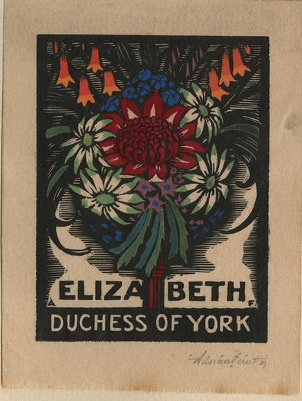 Artist: b'FEINT, Adrian' | Title: b'Bookplate: Elizabeth Duchess of York.' | Date: 1927 | Technique: b'wood-engraving, printed in black ink, from one block; hand-coloured' | Copyright: b'Courtesy the Estate of Adrian Feint'