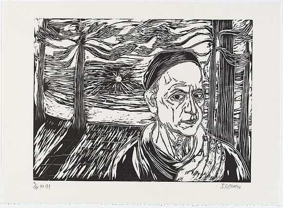 Title: b'Self-portrait at Manly Beach.' | Date: 1994-1999 | Technique: b'woodcut, printed in black ink, from one magnolia woodblock' | Copyright: b'\xc2\xa9 Salvatore Zofrea, 1994-1999'